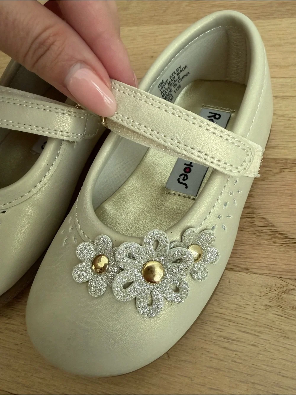 Rachel Shoes Beige Pearl Girls Mary Jane Flats with Floral Gems